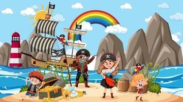 escena de la isla del tesoro durante el día con niños piratas vector