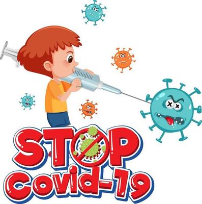 Stop Covid-19 logo or banner with cartoon character and covid-19 sign