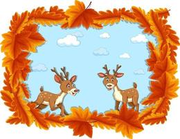 Plantilla de banner de hojas rojas con personaje de dibujos animados de ciervo vector
