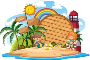 Plantilla de banner vacío con carácter de niños en vacaciones de verano en la playa sobre fondo blanco. vector