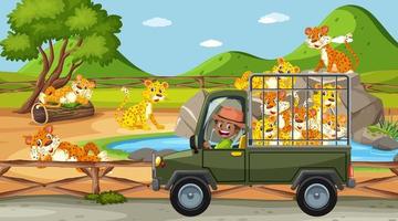 Safari scene at daytime with leopard group on pickup truck vector