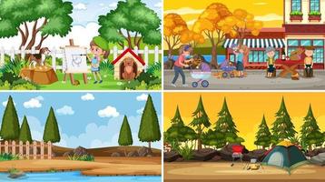 Set of different nature scenes background with many people vector