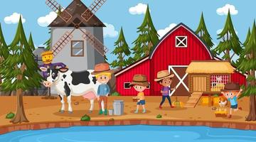 Farm scene with many kids cartoon character and farm animals vector