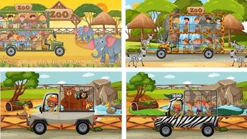 Set of different safari scenes with animals and kids cartoon character vector