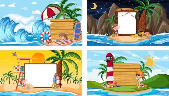 Set of different tropical beach scenes with blank banner