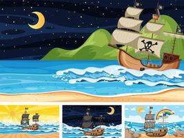 Set of ocean scenes at different times with Pirate ship in cartoon style vector