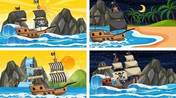 Set of ocean scenes at different times with Pirate ship in cartoon style vector
