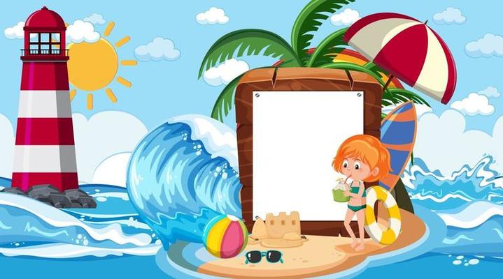 Empty banner template with kids on vacation at the beach daytime scene