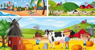 Outdoor panoramic landscape scenes set with cartoon character vector