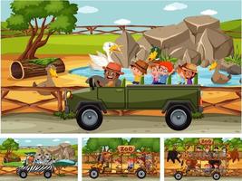 Different safari scenes with animals and kids cartoon character vector