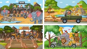 Four different zoo scenes with kids and animals vector