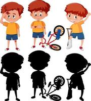 conjunto de un personaje de dibujos animados de niño en diferentes posiciones con su silueta vector