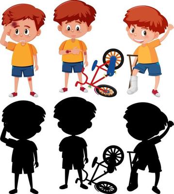Set of a boy cartoon character in different positions with its silhouette