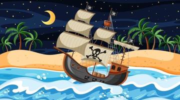 Escena de playa por la noche con barco pirata en estilo de dibujos animados vector