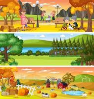 Different nature landscape at daytime scene with cartoon character vector