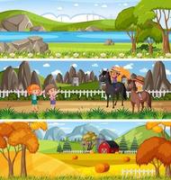 paisaje de naturaleza diferente en la escena diurna con personaje de dibujos animados vector