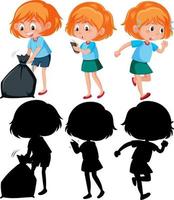 Cartoon character of a girl doing different activities with silhouette vector