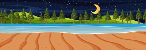 Escena horizontal de playa en la noche con muchos pinos. vector