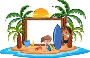 Empty banner template with kids character on summer vacation at the beach on white background vector