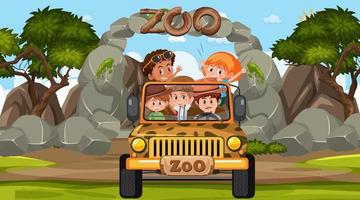 Zoo at day time scene with many kids in a jeep car vector