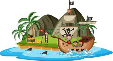 Barco pirata en la isla con muchos niños aislado sobre fondo blanco. vector