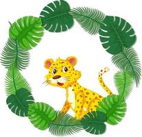 Plantilla de banner de hojas verdes redondas con un personaje de dibujos animados de leopardo vector