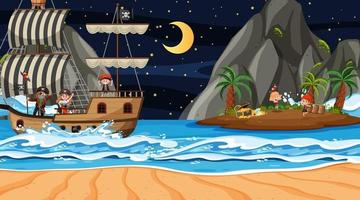 Treasure Island scene at night with Pirate kids on the ship vector