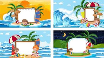 Set of different tropical beach scenes with blank banner vector