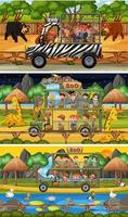 Set of different safari horizontal scenes with animals and kids cartoon character vector