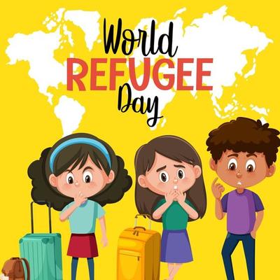 World Refugee Day banner with refugee people on world map background