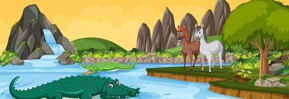 Panorama landscape scene with various wild animals in the forest vector