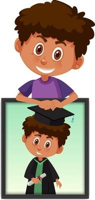 Cartoon character of a boy holding his graduation portrait photo