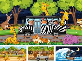 Conjunto de diferentes escenas con barco pirata en el mar y animales en el zoológico. vector