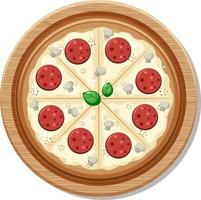 A whole pizza with pepperoni topping on wooden plate isolated