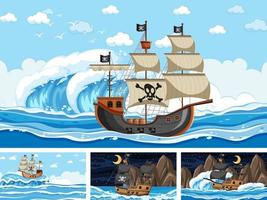 Set of Ocean with Pirate ship at different times scenes  in cartoon style vector