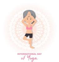 banner del día internacional del yoga con anciana haciendo ejercicio de yoga vector