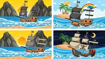 Set of Ocean with Pirate ship at different times scenes  in cartoon style vector