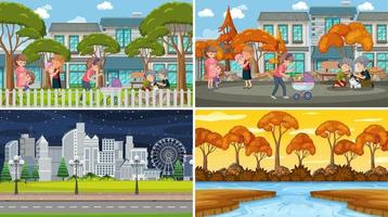 Set of different nature scenes background with people vector