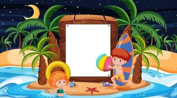 Niños en vacaciones de verano en la escena nocturna de la playa con una plantilla de banner vacía vector