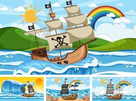 conjunto de océano con barco pirata en diferentes momentos escenas en estilo de dibujos animados vector