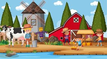 Farm scene with many kids cartoon character and farm animals vector