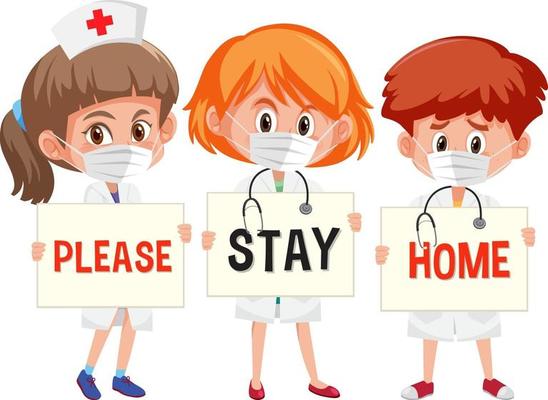 Three doctor holding please stay home font