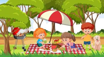 escena con muchos niños picnic en el parque. vector