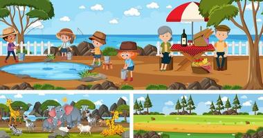 conjunto de diferentes escenas de paisajes panorámicos al aire libre con personaje de dibujos animados vector