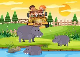 Children on tourist car watching leopard group in the zoo scene vector