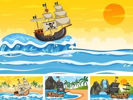 Set of Ocean with Pirate ship at different times scenes  in cartoon style vector