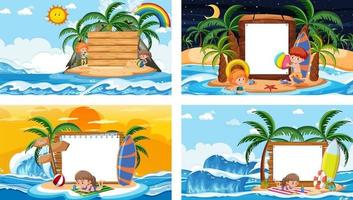 conjunto de pancartas en blanco en diferentes escenas de playas tropicales vector