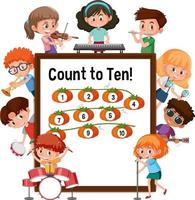 Count to ten number board with many kids cartoon character vector