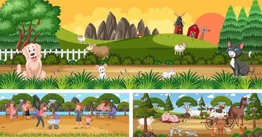 Set of outdoor panoramic landscape with cartoon character vector