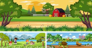 Outdoor panoramic landscape scenes set with cartoon character vector